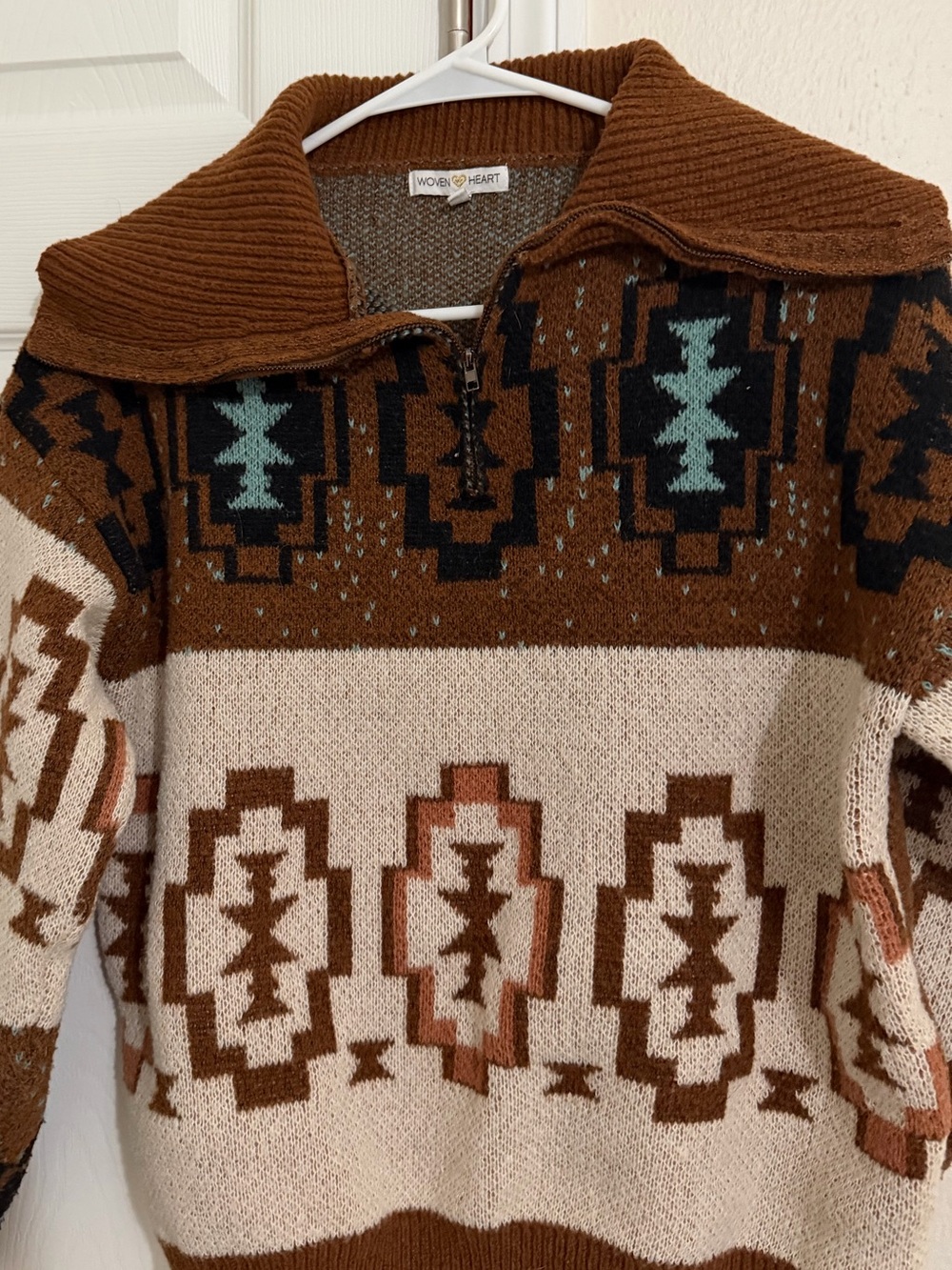 Woven Heart Aztec Quarter Zip Sweater - Size M